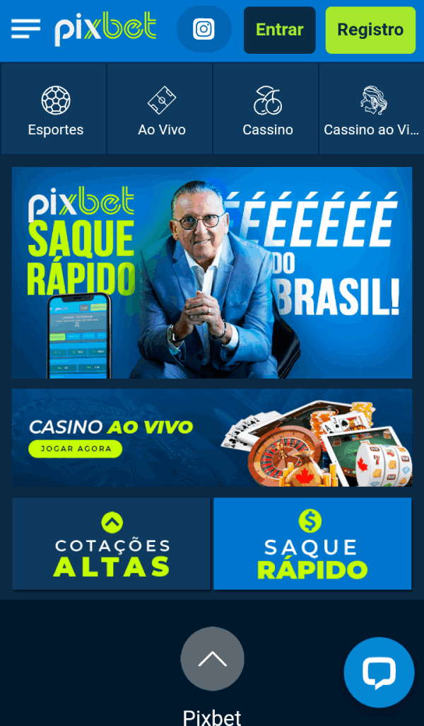 Tela Pixbet app homepage