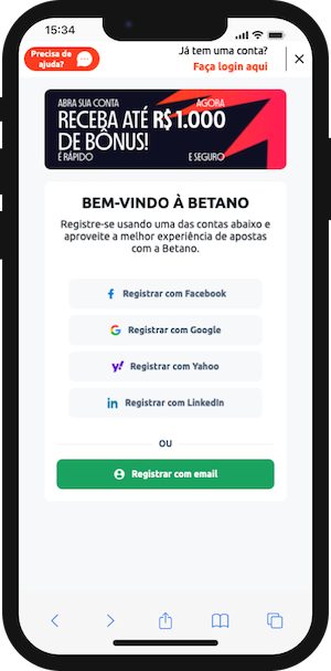Formulário de registro Betano para ganhar o bônus de R$1.000
