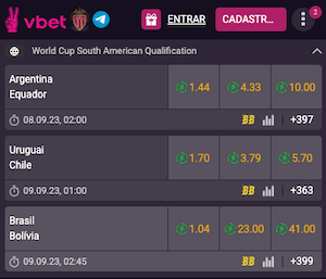 Vbet Odds Melhoradas - Argentina x Equador, Uruguai x Chile e Brasil x Bolívia