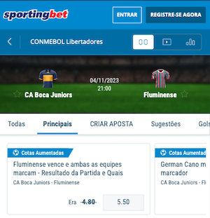 Boca Juniors x Fluminense - Final Copa Libertadores Cotas aumentadas Sportingbet